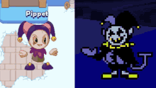 a pixel art of a jester next to a picture of a jester in a video game