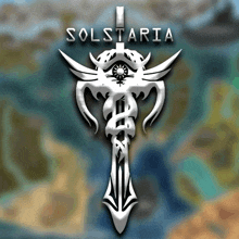 a logo for solstaria with a cross and a sword