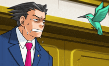 a cartoon of a man in a suit and tie with a bird flying in the background