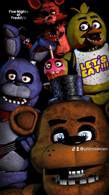 a poster of five nights at freddy 's characters including foxy bonnie chica and fredbear