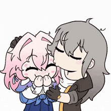 a boy is kissing a girl on the cheek while the girl is covering her mouth with her hands .