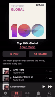 an apple music app shows the top 100 global songs