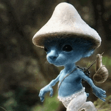 a blue smurf wearing a mushroom hat and carrying a snail on its back .