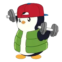 a penguin wearing a red hat and a green vest is holding a pair of dumbbells