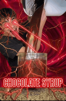 a man is pouring chocolate syrup into a glass with lightning coming out of his eyes