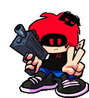 a cartoon character with red hair is holding a gun and giving the peace sign