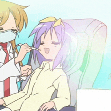 a cartoon girl with purple hair is getting her teeth examined by a doctor