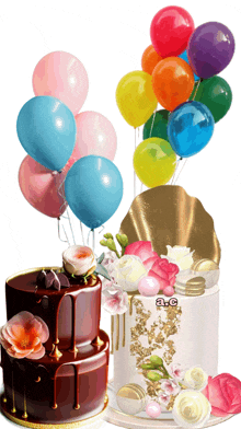 a chocolate cake with flowers and balloons is next to a white cake with flowers and balloons