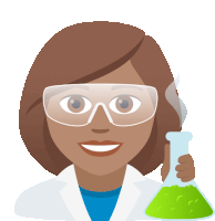 a woman in a lab coat and goggles holds a beaker with green liquid in it