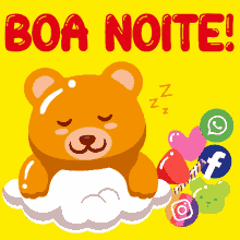 a teddy bear is sleeping on a cloud with the words boa noite written above it