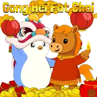 a cartoon of a penguin and a horse with the words gong hei fat choi