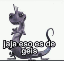 a purple lizard with the words `` jaja eso es de geis '' written on it is standing on a white background .