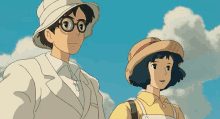 a man and a woman are standing next to each other in a cartoon . the woman is wearing a straw hat .