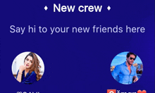 a blue background with the words " new crew " on top