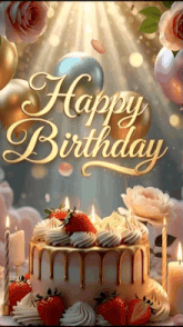 a happy birthday card with a cake , candles , and balloons