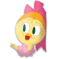 a cartoon chicken wearing a pink dress and orange headband