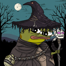 a cartoon of a frog wearing a witch hat and holding a cane