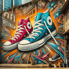 a colorful mural of a pair of converse shoes on a wall