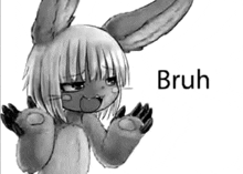 a black and white drawing of a girl dressed as a bunny with the word bruh written on the bottom .