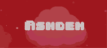 the word ashden is on a red background with a pink cloud in the background