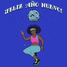 a cartoon of a woman with a disco ball on her head and the words feliz ano nuevo