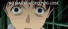 a close up of a person 's face with the words no marks video pog lose above it