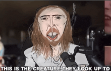 a drawing of a man with long hair and a beard with the caption " this is the creature they look up to "