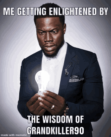 a man in a suit is holding a light bulb with a caption that says " me getting enlightened by "