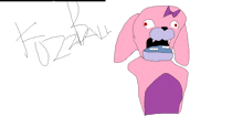 a drawing of a pink and purple rabbit with the word fuzzball written below