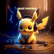 a pikachu wearing headphones with the words good morning written on the bottom