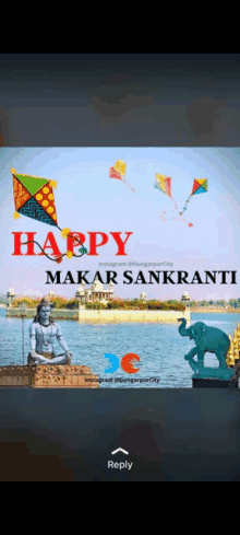 a happy makar sankranti poster with a statue of shiva flying kites