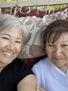 two women are posing for a picture while sitting in a hammock