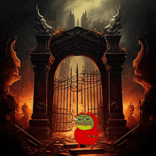 a cartoon frog is standing in front of a gate that says " hell "