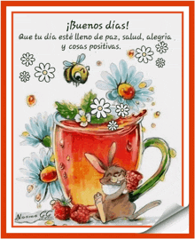 a spanish greeting card with a cup of tea and a bunny on it