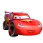 a red cartoon car from the movie cars is driving on a white background and smiling .