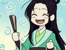 a cartoon drawing of a girl holding a fan with the year 2020 on the bottom