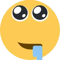 a yellow smiley face with big eyes and a blue tongue sticking out