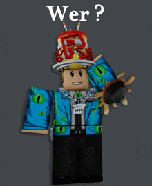 a roblox character with a birthday cake on his head and the words wer written above him