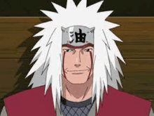 jiraiya from naruto is wearing a headband with chinese characters on it and a red vest .