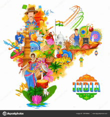 a colorful illustration of a map of india with various icons