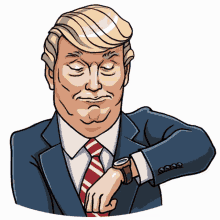 a cartoon of donald trump wearing a suit and tie looking at his watch