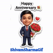 a cartoon of a man holding a bouquet of roses with the words happy anniversary