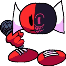 a cartoon character is holding a microphone and has a candy face .