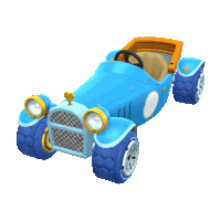 a blue toy car with blue tires and a gold emblem on top