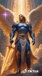 a man in armor with wings is holding a sword and standing in front of a building .