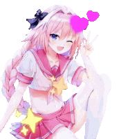 a girl in a sailor suit is giving a peace sign and has two pink hearts in her hair .