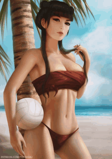 a painting of a woman in a bikini holding a volleyball by a palm tree