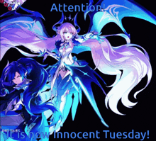 a picture of two anime characters with the words attention it is now innocent tuesday on the bottom
