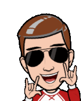 a cartoon man wearing sunglasses and a red shirt is making a rock sign