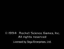 a black background with white text that says 1994 rocket science games inc all rights reserved licensed by sega enterprises ltd.